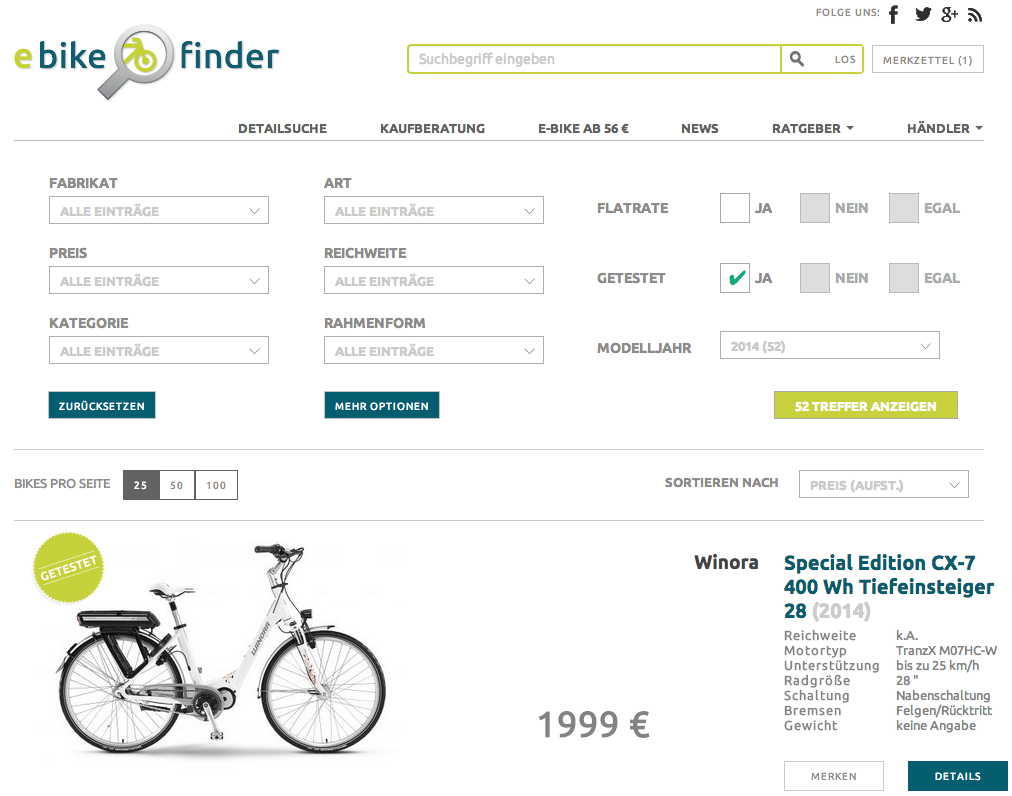 Suche nach getesteten E-Bikes / Foto: eBikeFINDER