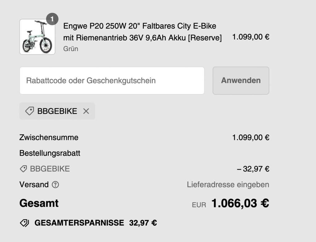 Engwe P20 Checkout mit Code Buybestgear